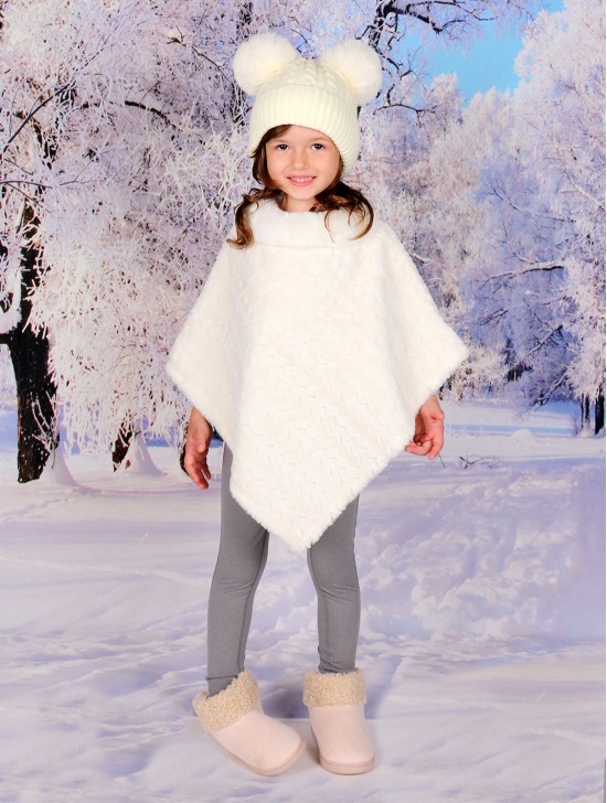 Kids Soft Faux Fur Poncho W/  Weave Pattern and Faux Fur Neckline (3-7 Years Old) 